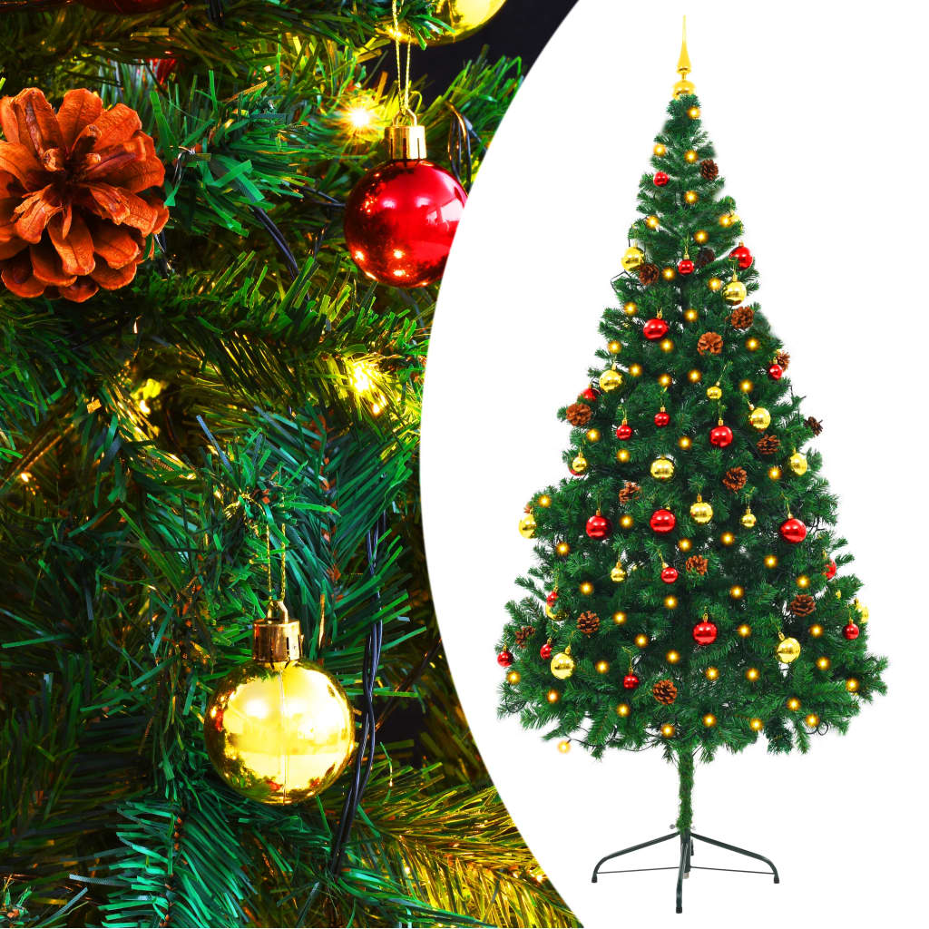 vidaXL Árbol de Navidad preiluminado con luces y bolas verde 210 cm