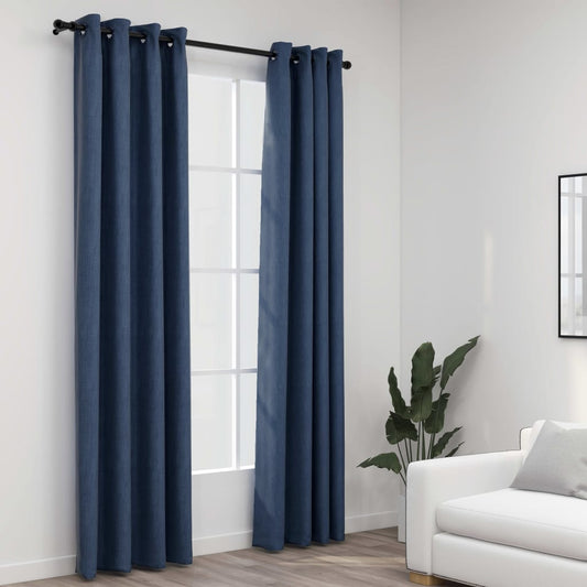 vidaXL Cortinas opacas con ojales look de lino 2 pzas azul 140x225 cm