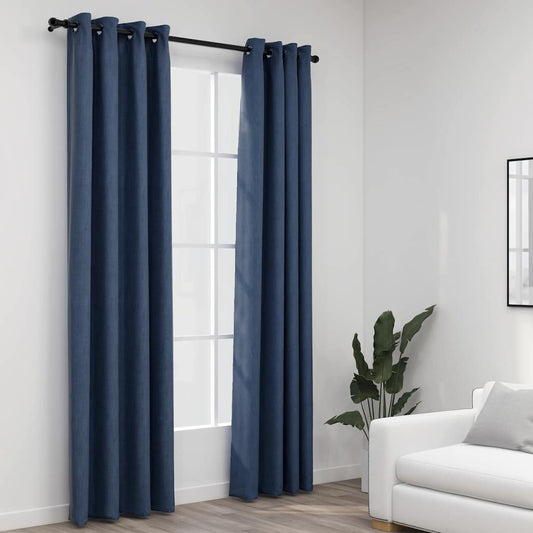 vidaXL Cortinas opacas con ojales look de lino 2 pzas azul 140x245 cm