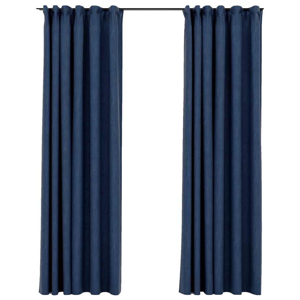 vidaXL Cortinas opacas con ganchos look de lino 2 pzas azul 140x245 cm