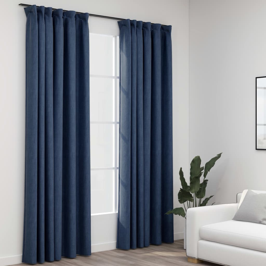 vidaXL Cortinas opacas con ganchos look de lino 2 pzas azul 140x245 cm