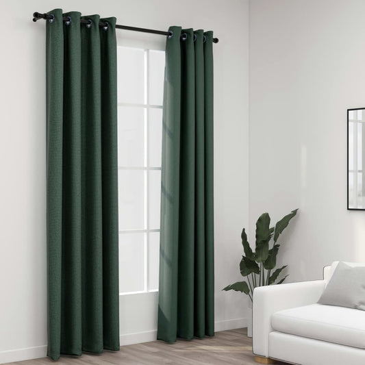 vidaXL Cortinas opacas con ojales look de lino 2 pzas verde 140x225 cm