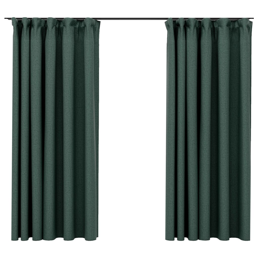 vidaXL Cortinas opacas con ganchos look de lino 2 pzas verde 140x175cm