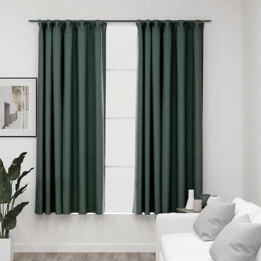 vidaXL Cortinas opacas con ganchos look de lino 2 pzas verde 140x175cm