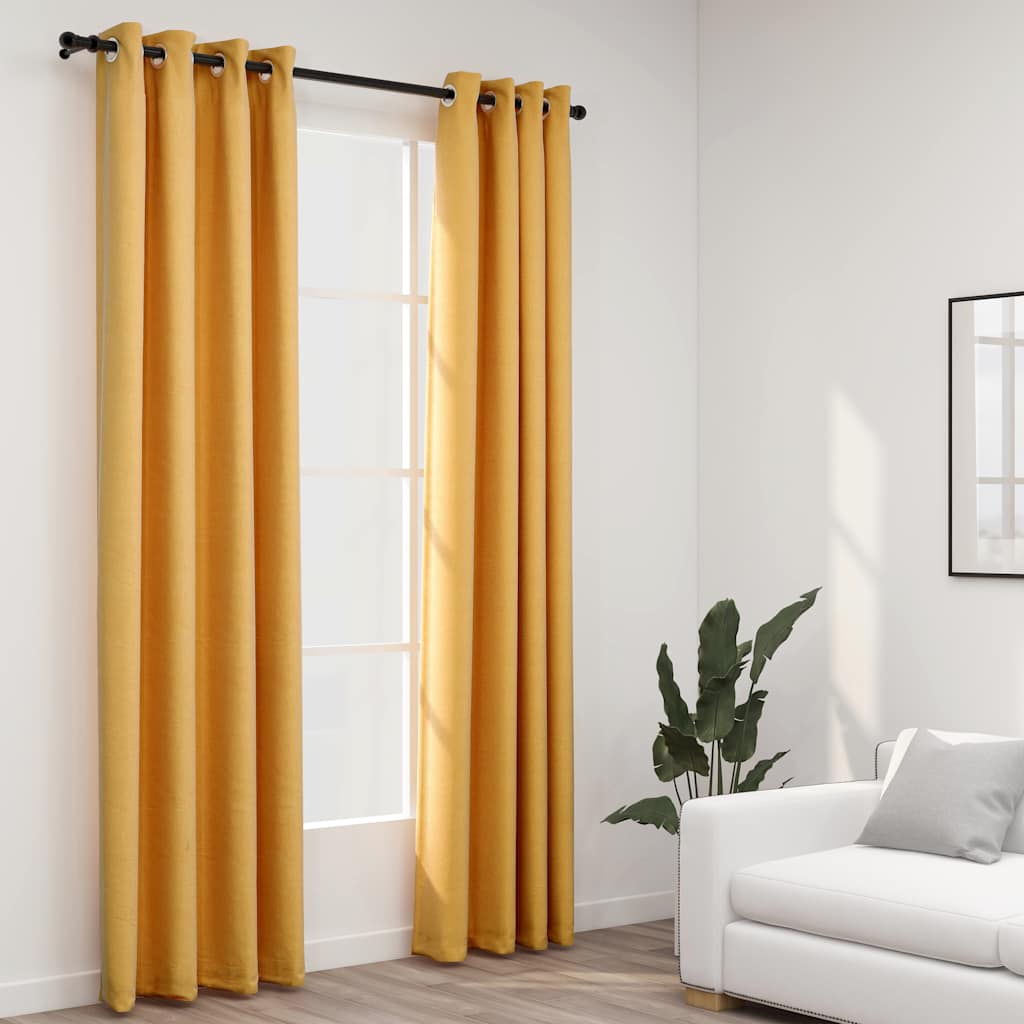 vidaXL Cortinas opacas con ojales look lino 2 pzas amarillo 140x225 cm