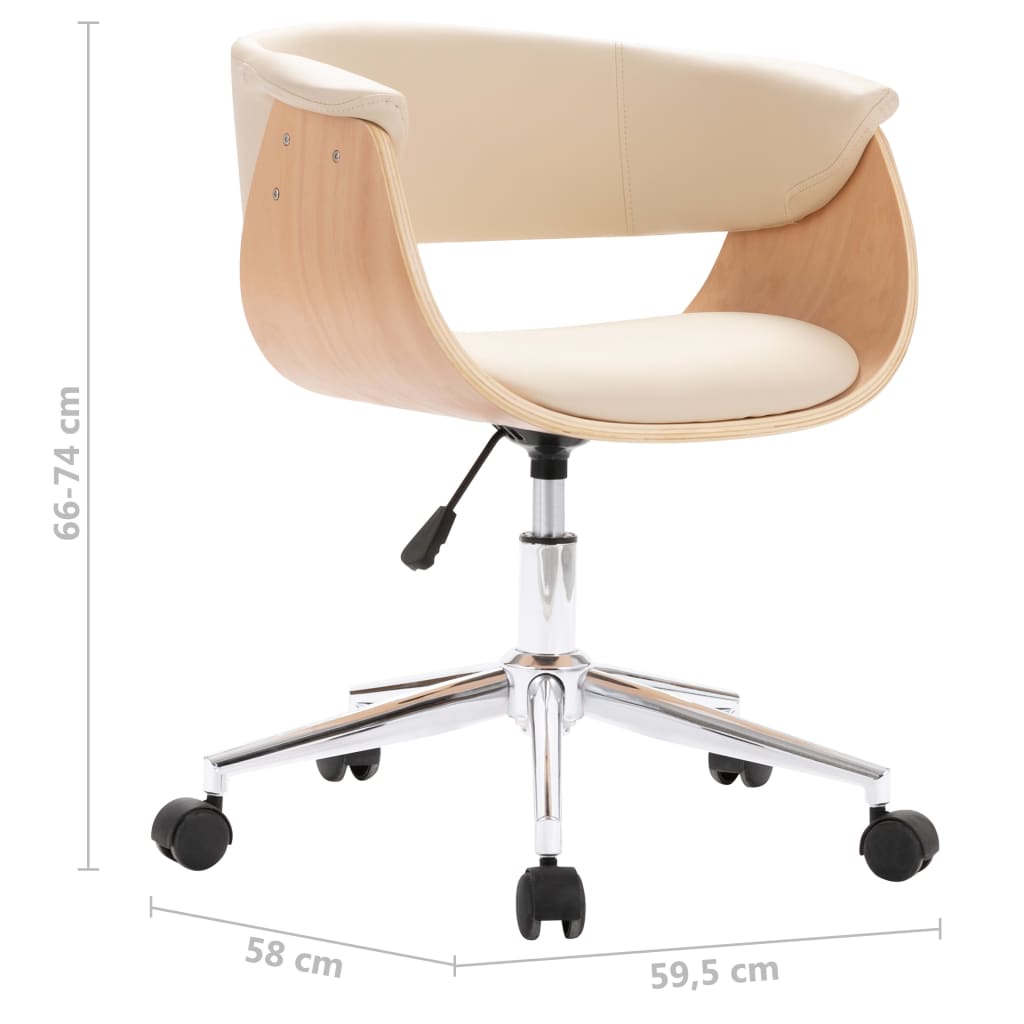 vidaXL Silla de oficina giratoria madera curvada cuero sintético crema