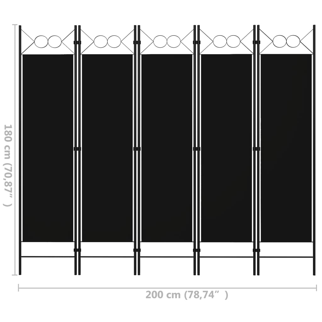 vidaXL Biombo divisor de 5 paneles negro 200x180 cm