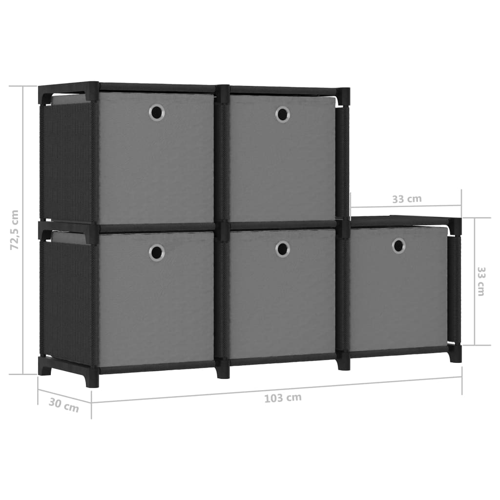 vidaXL Estantería de 5 cubos con cajas de tela negro 103x30x72,5 cm