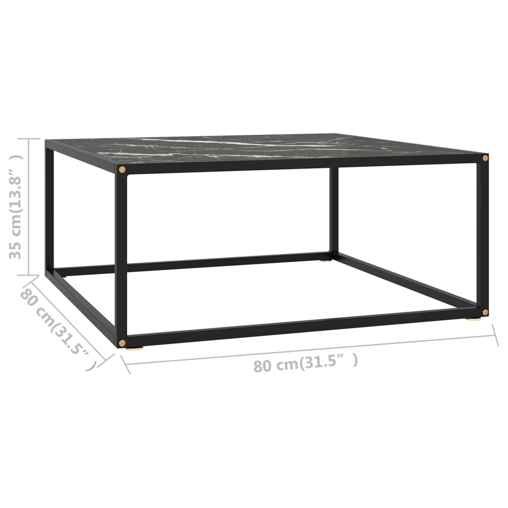 vidaXL Mesa de centro negra con vidrio de mármol negro 80x80x35 cm