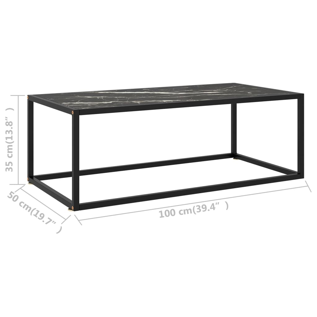 vidaXL Mesa de centro negra con vidrio de mármol negro 100x50x35 cm