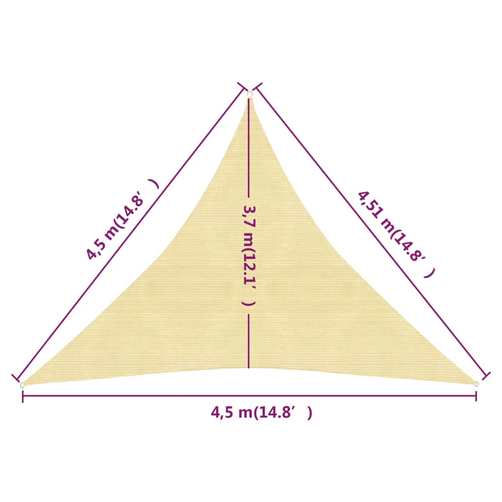 vidaXL Toldo de vela HDPE beige 160 g/m² 4,5x4,5x4,5 m