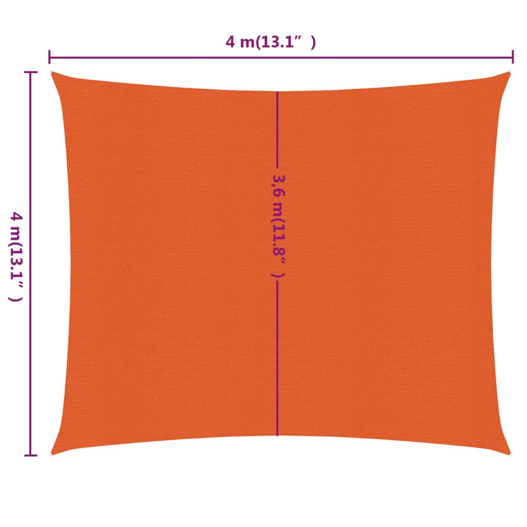 vidaXL Toldo de vela cuadrado HDPE naranja 160 g/m² 4x4 m