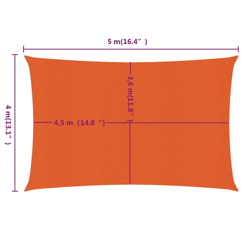 vidaXL Toldo de vela rectangular HDPE naranja 160 g/m² 4x5 m