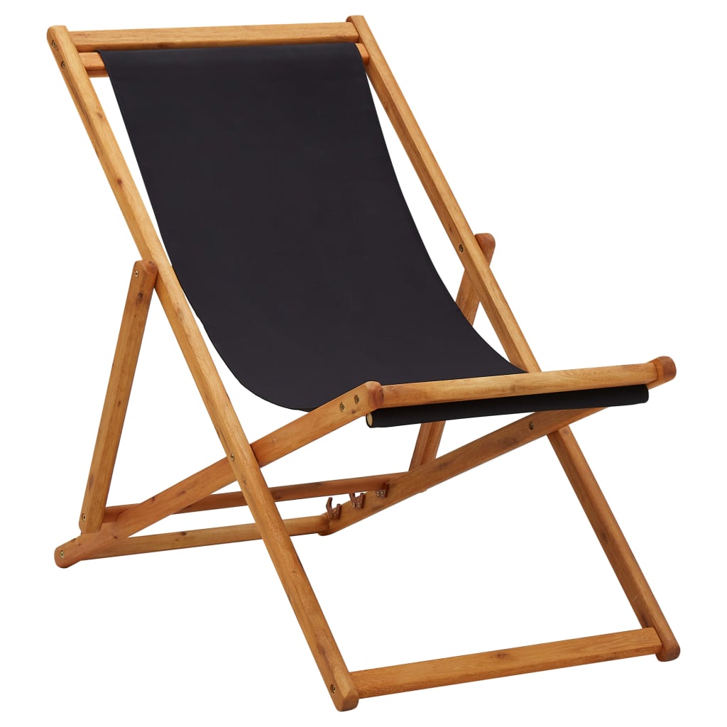 vidaXL Silla de playa plegable madera de eucalipto y tela negra