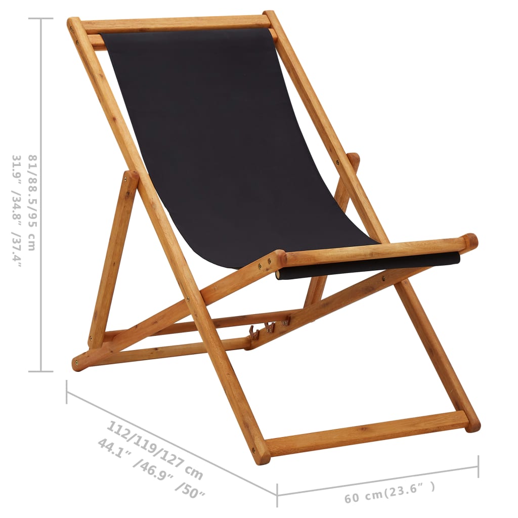 vidaXL Silla de playa plegable madera de eucalipto y tela negra