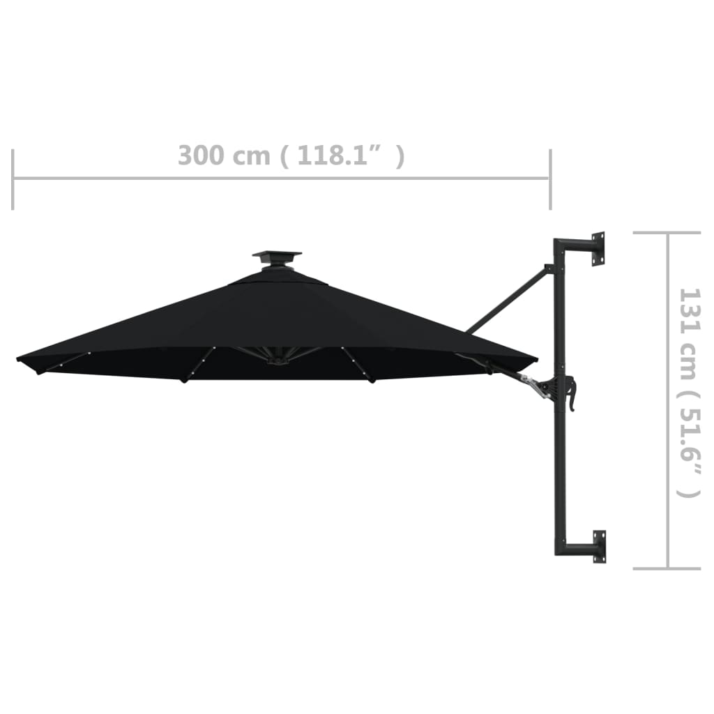 vidaXL Sombrilla de jardín de pared con luces LED negro 300 cm