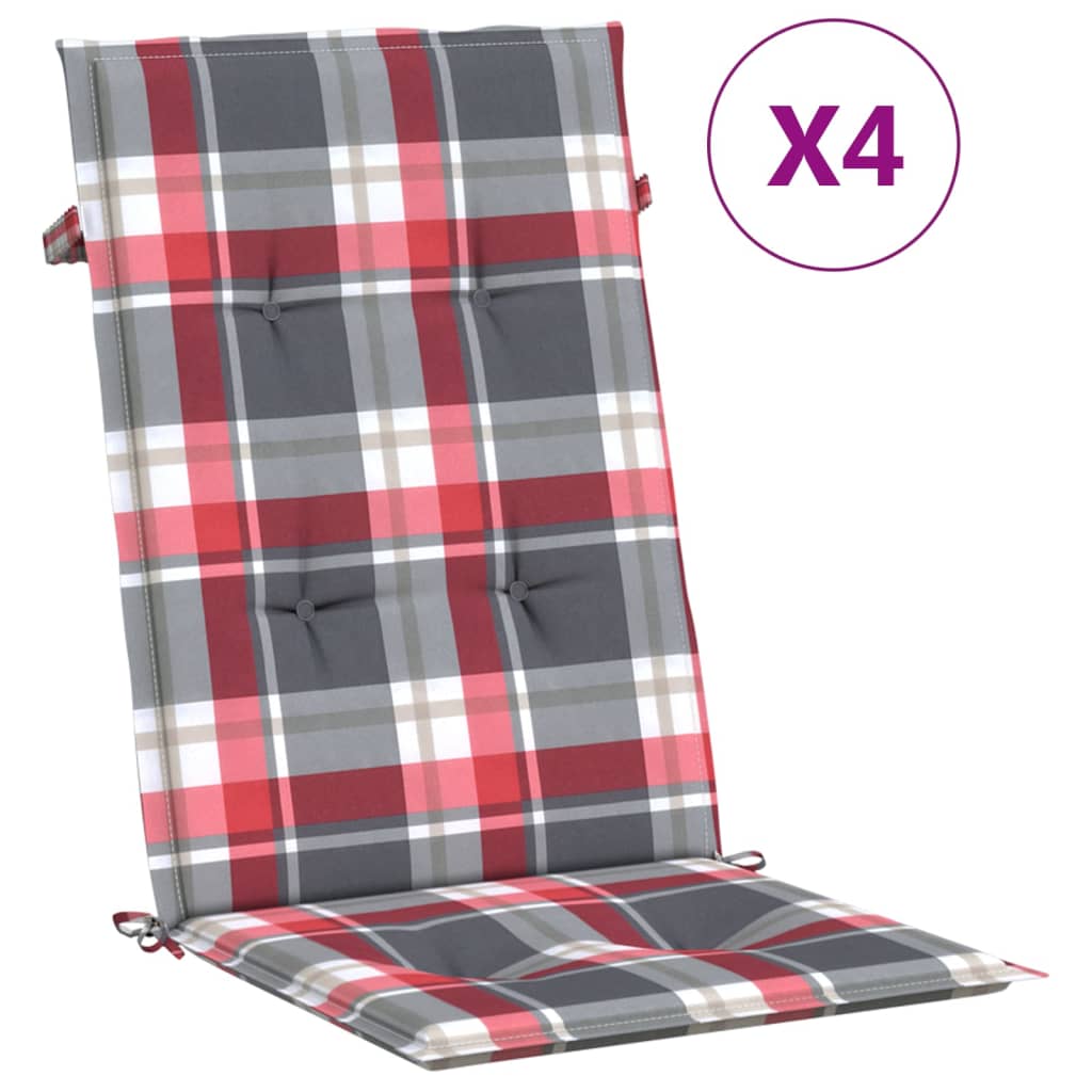 vidaXL Cojín silla jardín respaldo alto 4 uds cuadros rojo 120x50x3 cm