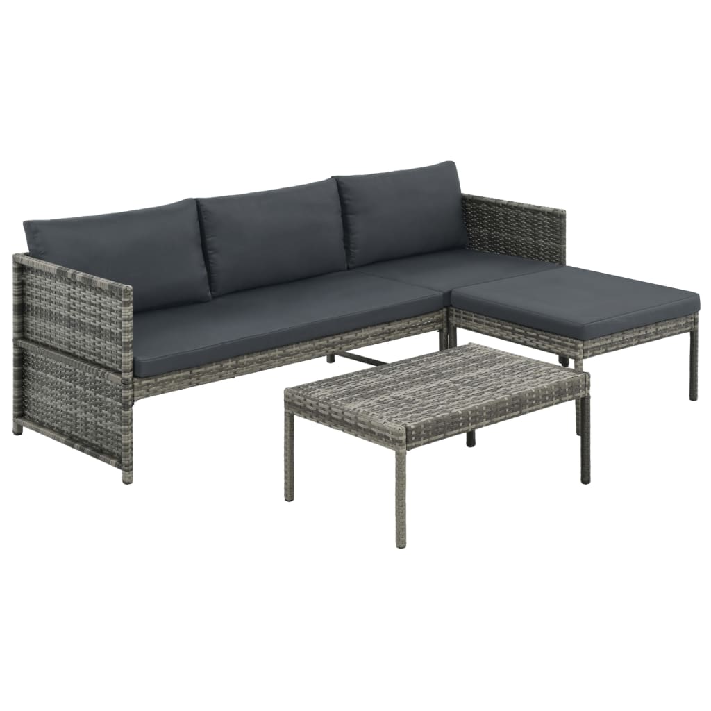 vidaXL Set muebles de jardín 3 piezas con cojines ratán sintético gris