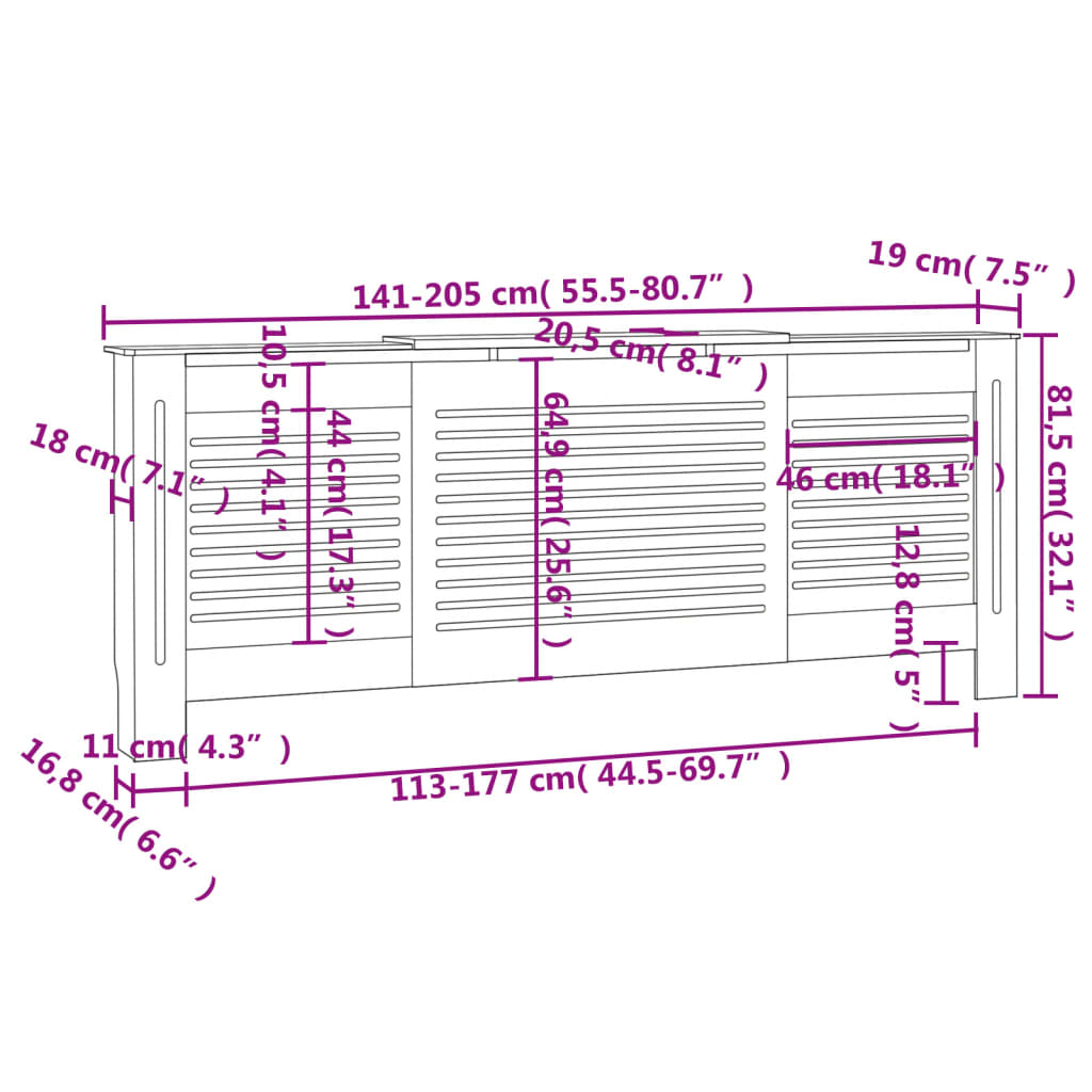 vidaXL Cubierta para radiador MDF gris 205 cm