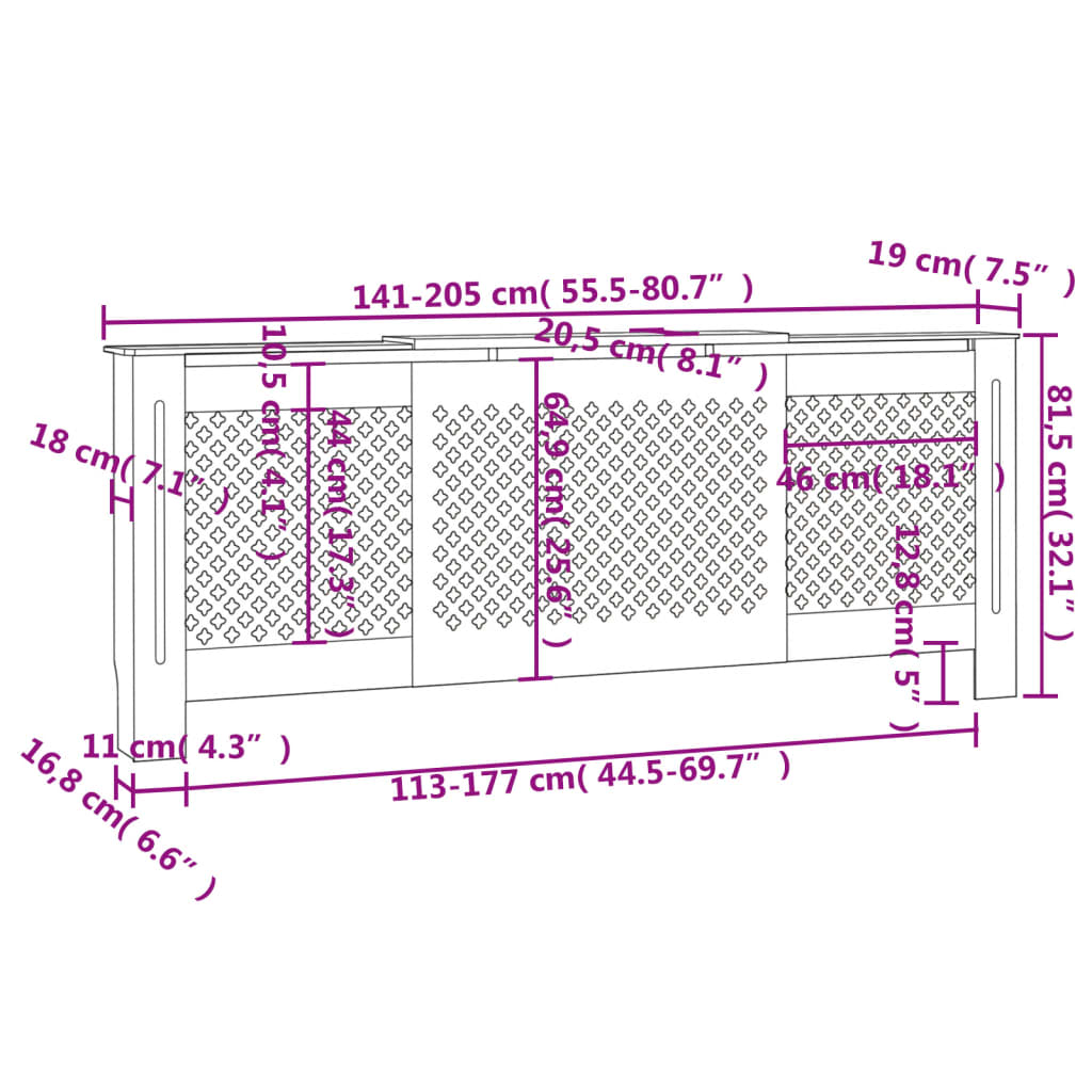 vidaXL Cubierta para radiador MDF gris 205 cm