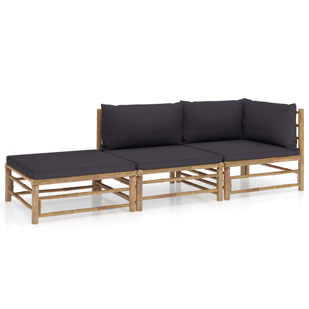 vidaXL Set de muebles de jardín 3 piezas bambú y cojines gris oscuro