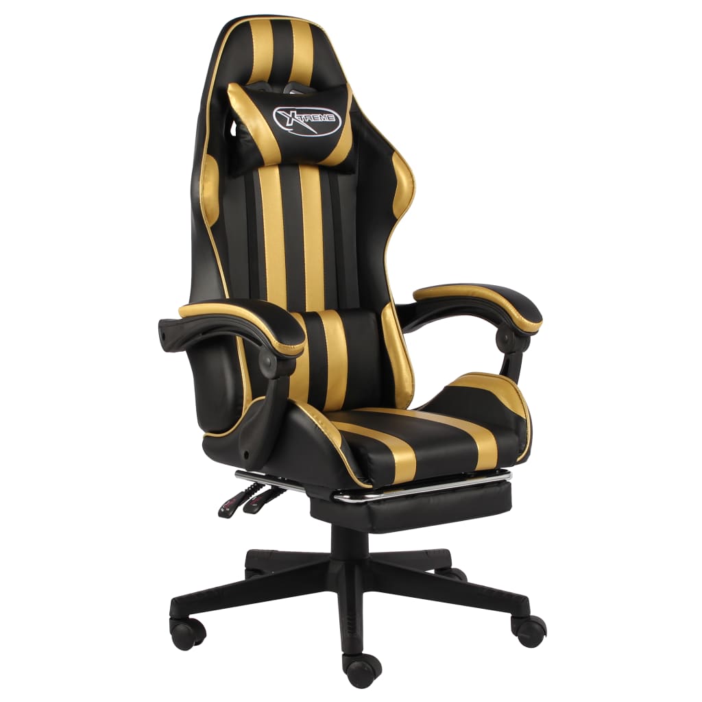 vidaXL Silla gaming con reposapiés cuero sintético negro y dorado