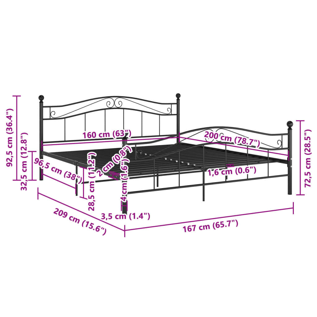 vidaXL Estructura de cama sin colchón metal negro 160x200 cm