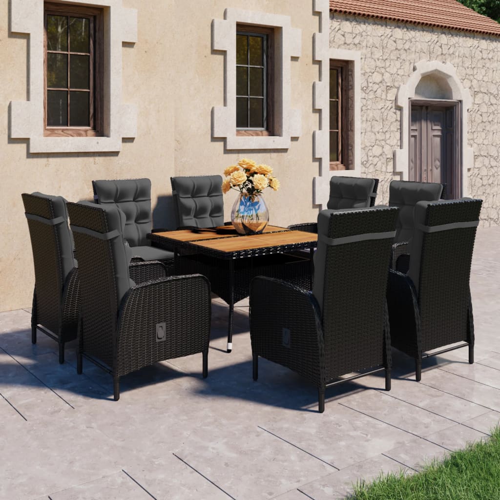 vidaXL Set de comedor de jardín 9 pzas ratán PE y madera acacia negro