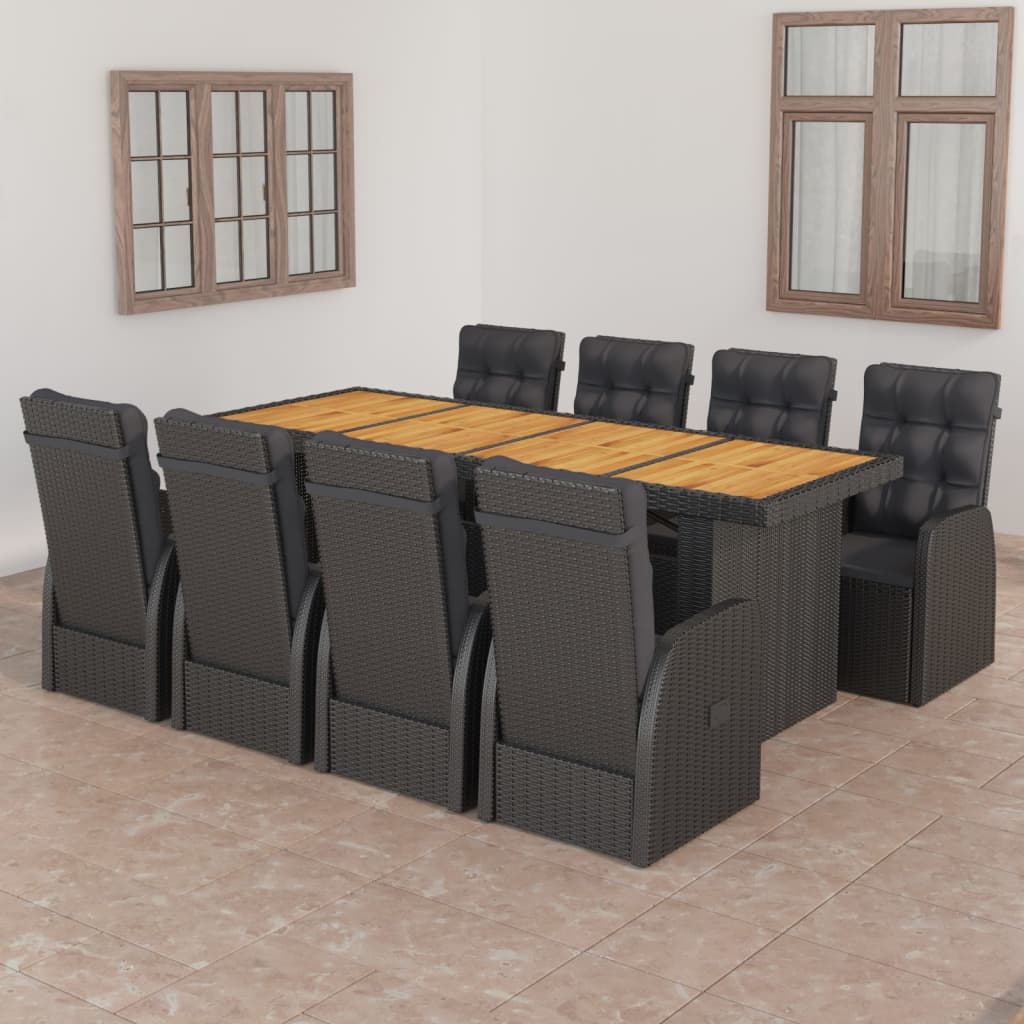 vidaXL Set comedor de jardín 9 piezas y cojines ratán sintético negro