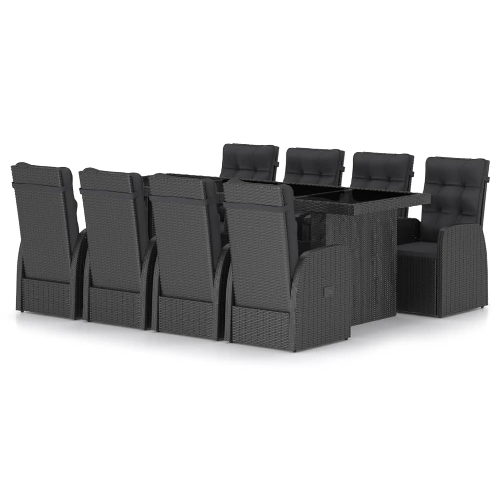 vidaXL Set comedor de jardín 9 piezas y cojines ratán sintético negro