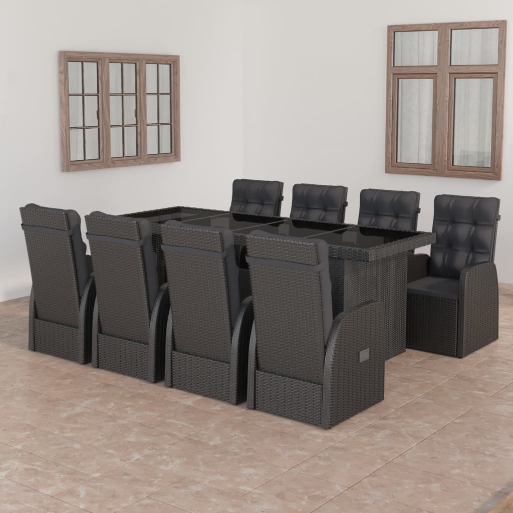 vidaXL Set comedor de jardín 9 piezas y cojines ratán sintético negro