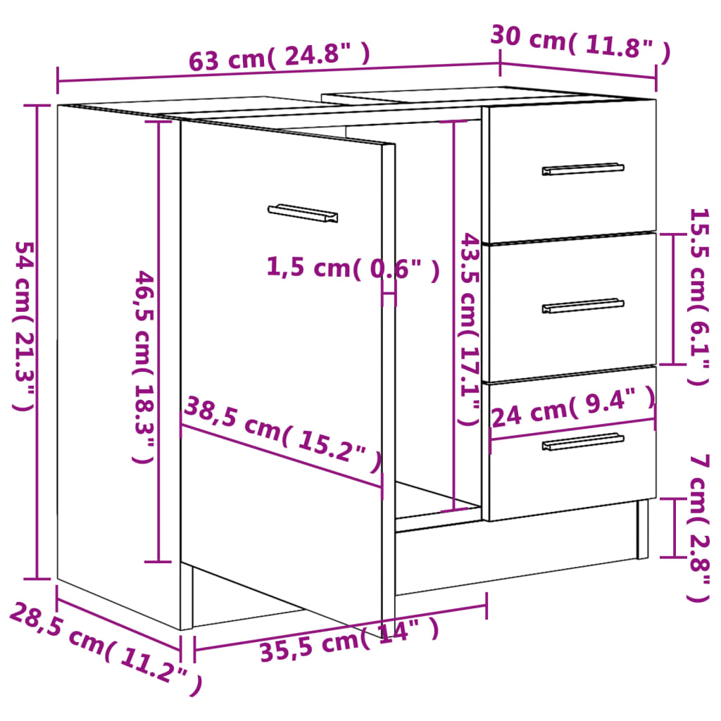 vidaXL Armario para lavabo madera contrachapada negro 63x30x54 cm