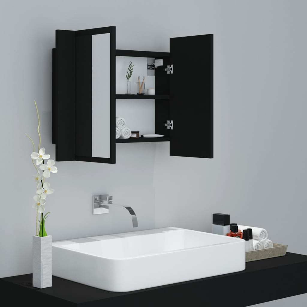 vidaXL Armario espejo de baño con luz LED acrílico negro 60x12x45 cm