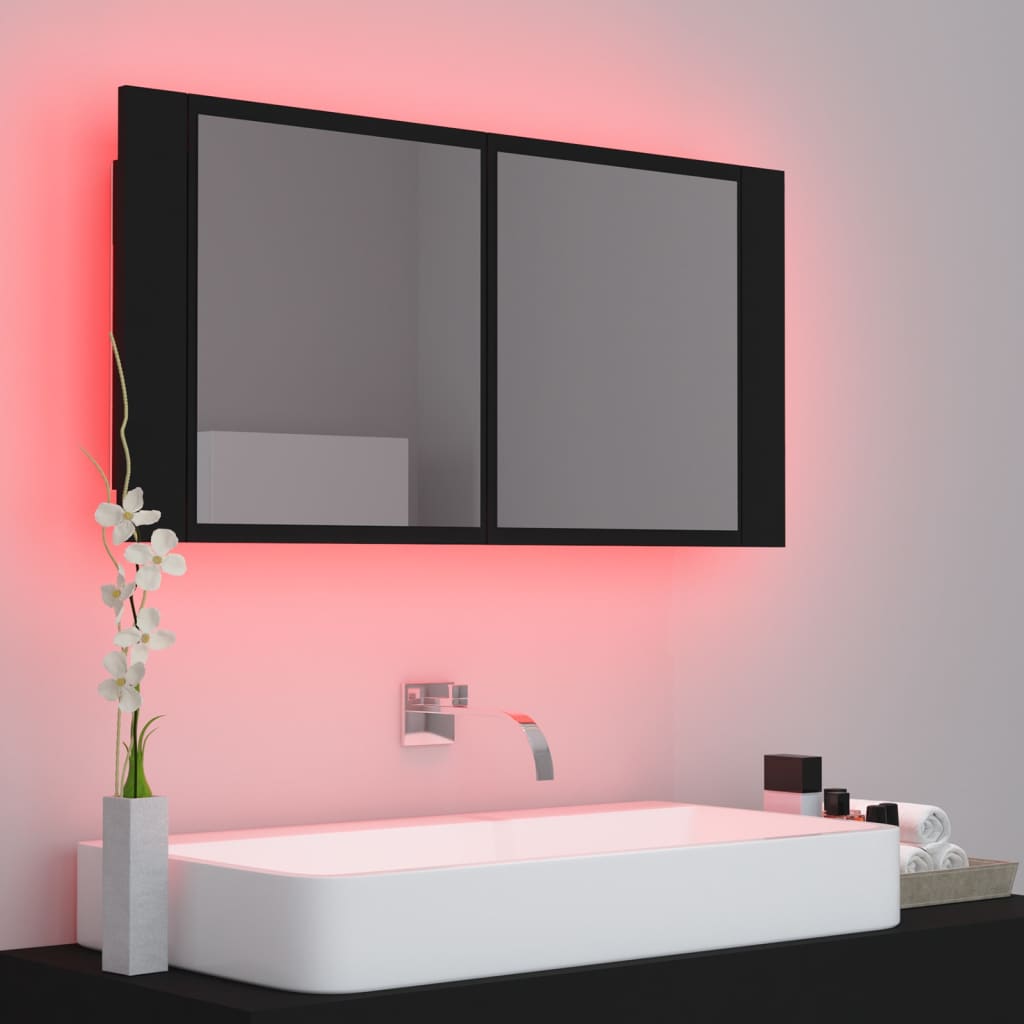 vidaXL Armario espejo de baño con luz LED acrílico negro 90x12x45 cm