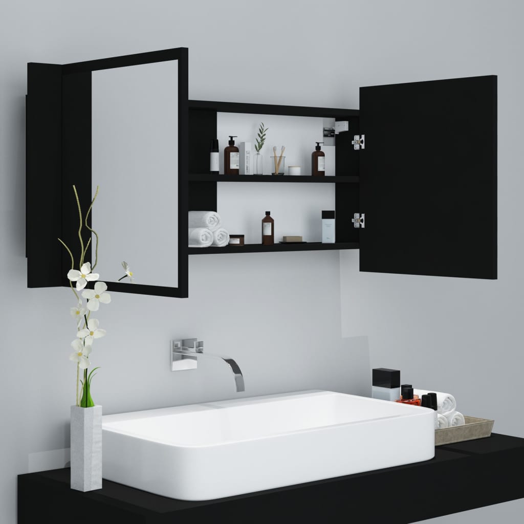 vidaXL Armario espejo de baño con luz LED acrílico negro 100x12x45 cm