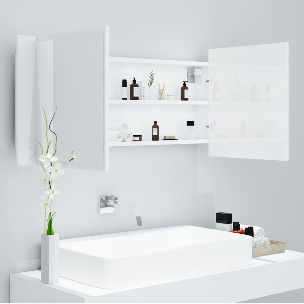 vidaXL Armario espejo de baño LED acrílico blanco brillo 100x12x45 cm