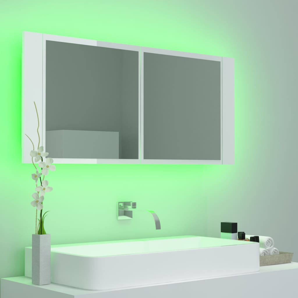 vidaXL Armario espejo de baño LED acrílico blanco brillo 100x12x45 cm