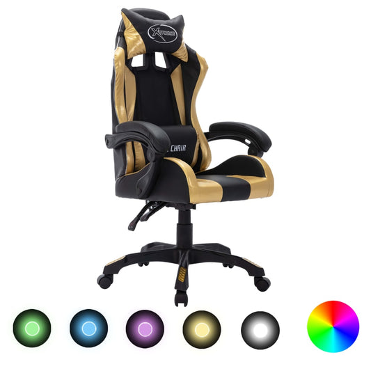 vidaXL Silla gaming con luces LED RGB cuero sintético dorado y negro