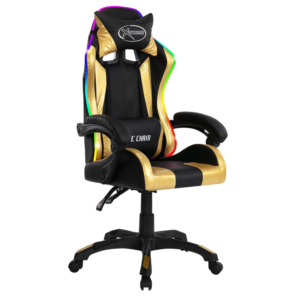 vidaXL Silla gaming con luces LED RGB cuero sintético dorado y negro