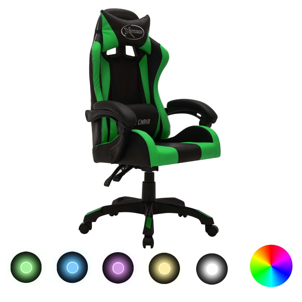 vidaXL Silla gaming con luces LED RGB cuero sintético verde y negro