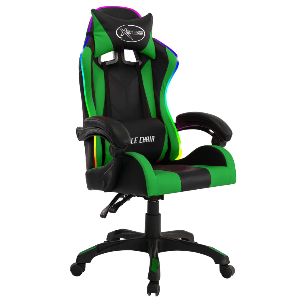 vidaXL Silla gaming con luces LED RGB cuero sintético verde y negro