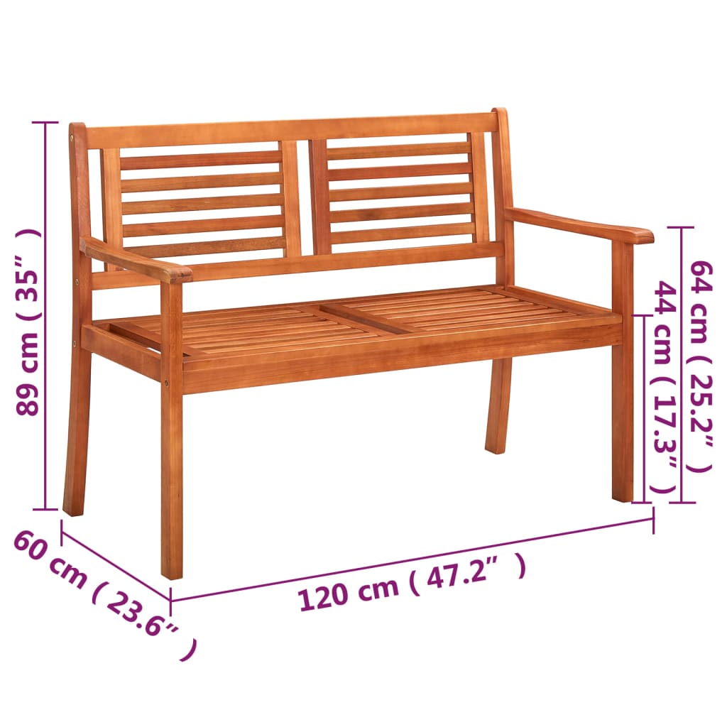 vidaXL Banco de jardín 2 plazas madera maciza eucalipto y cojín 120 cm