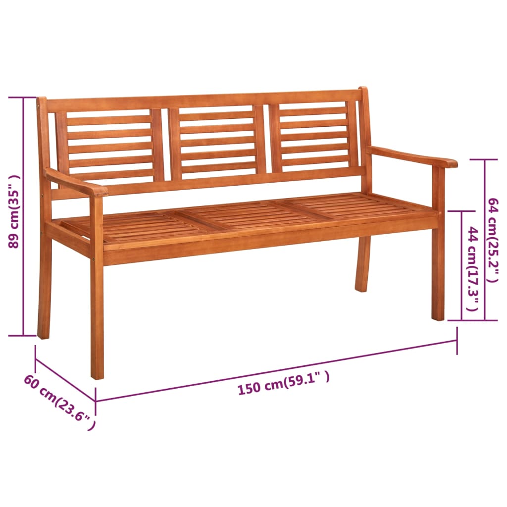 vidaXL Banco de jardín 3 plazas madera maciza eucalipto y cojín 150 cm