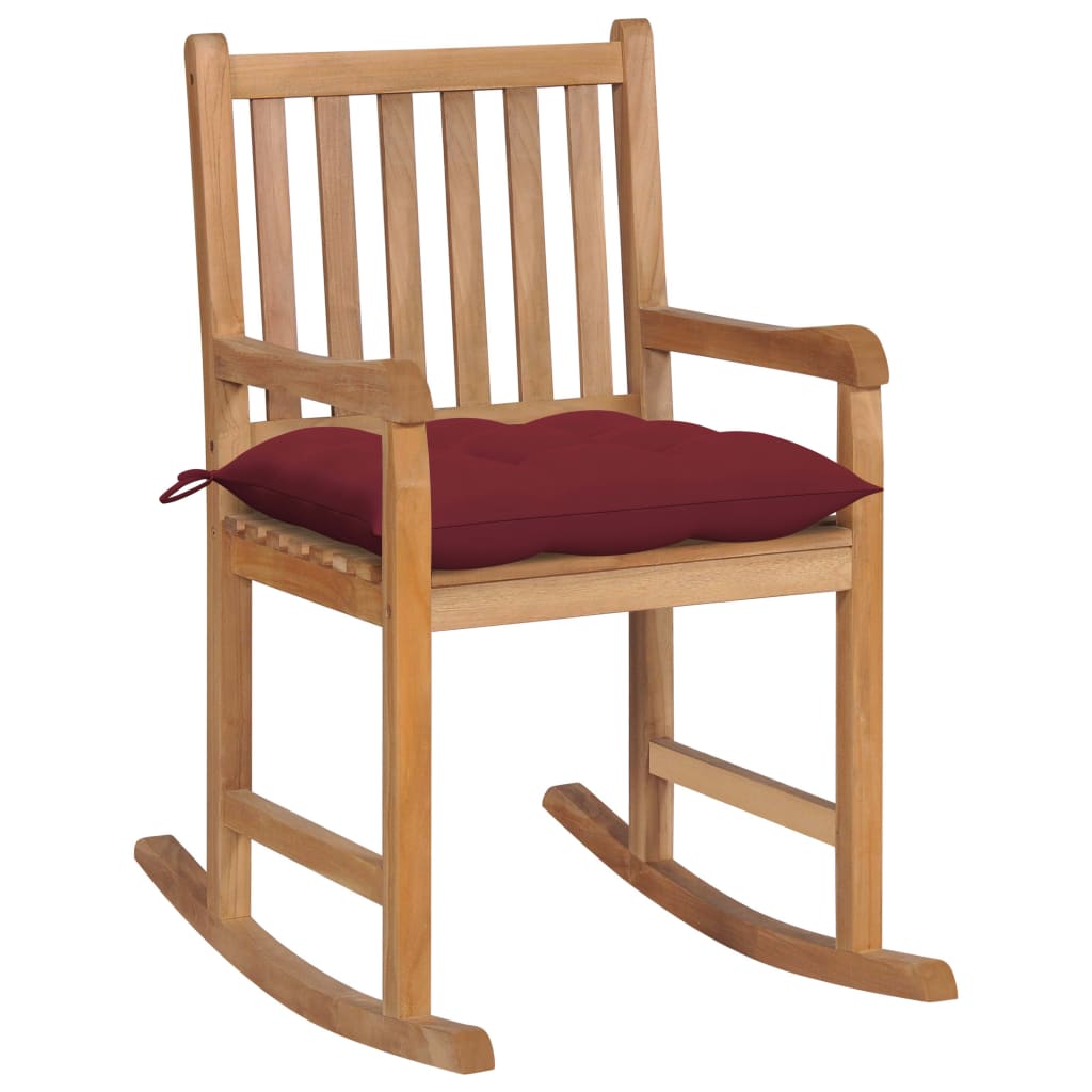 vidaXL Silla mecedora de madera maciza de teca con cojín rojo tinto