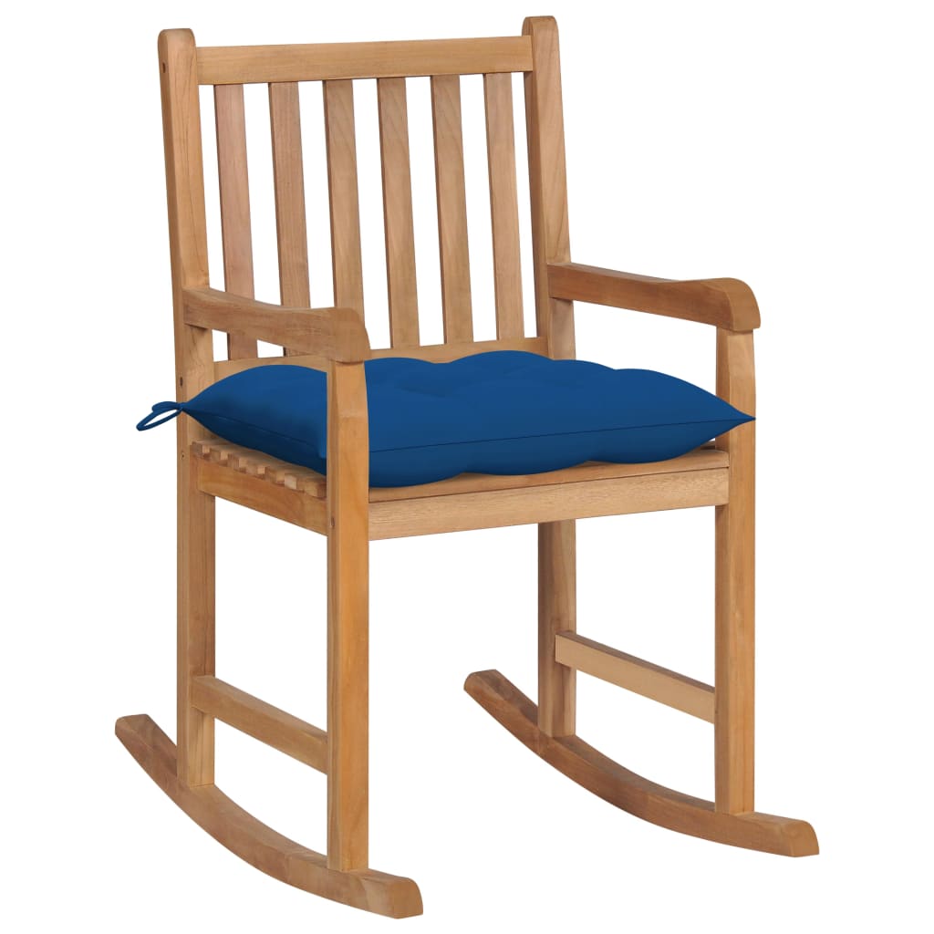 vidaXL Silla mecedora de madera maciza de teca con cojín azul