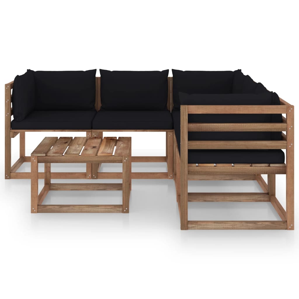 vidaXL Set de muebles de jardín 6 pzs madera impregnada cojines negros