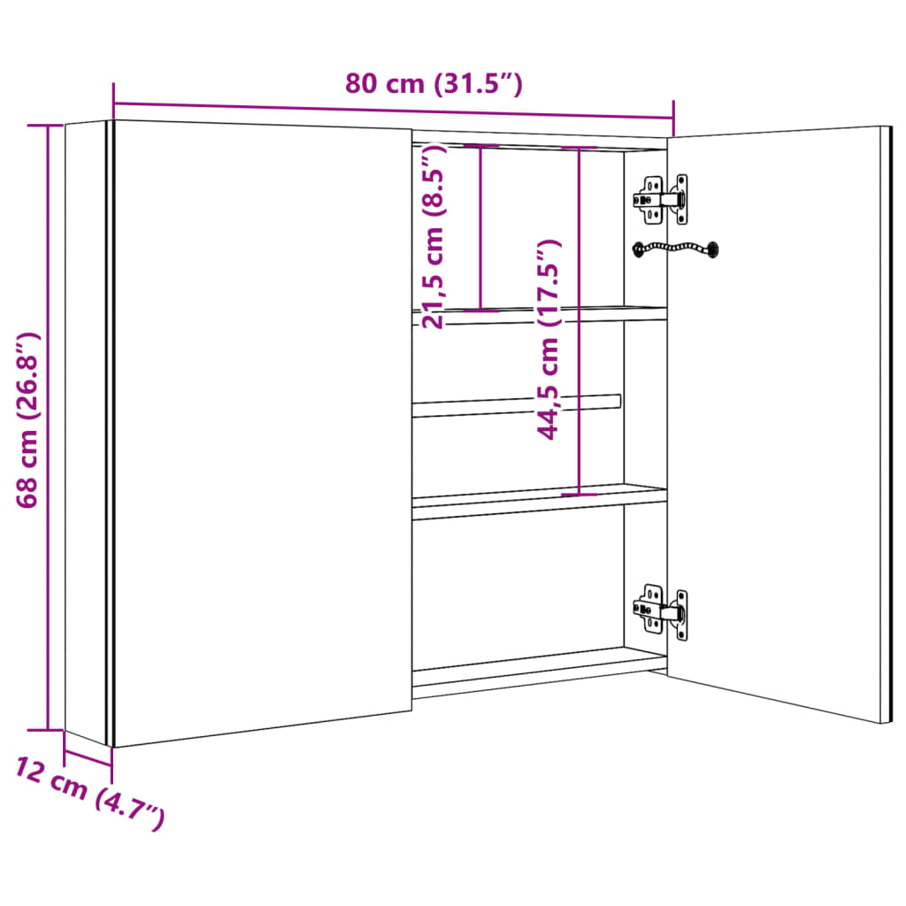 vidaXL Armario de baño con espejo LED negro brillante 80x12x68 cm