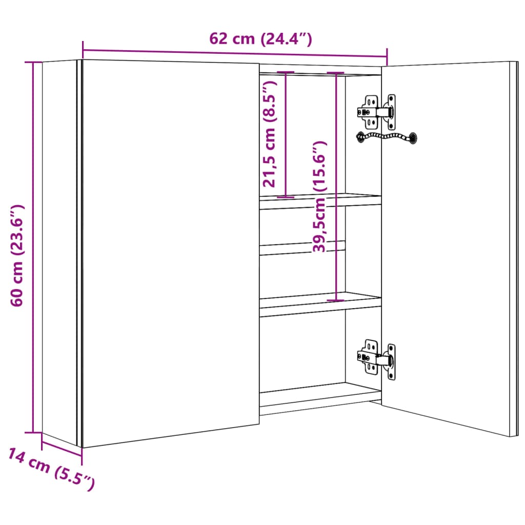 vidaXL Armario de baño con espejo LED gris hormigón 62x14x60 cm