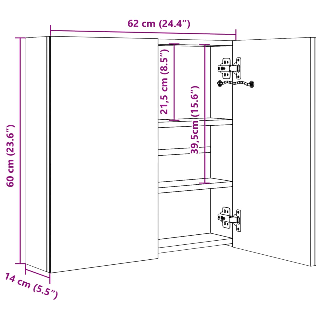 vidaXL Armario de baño con espejo LED gris brillante 62x14x60 cm