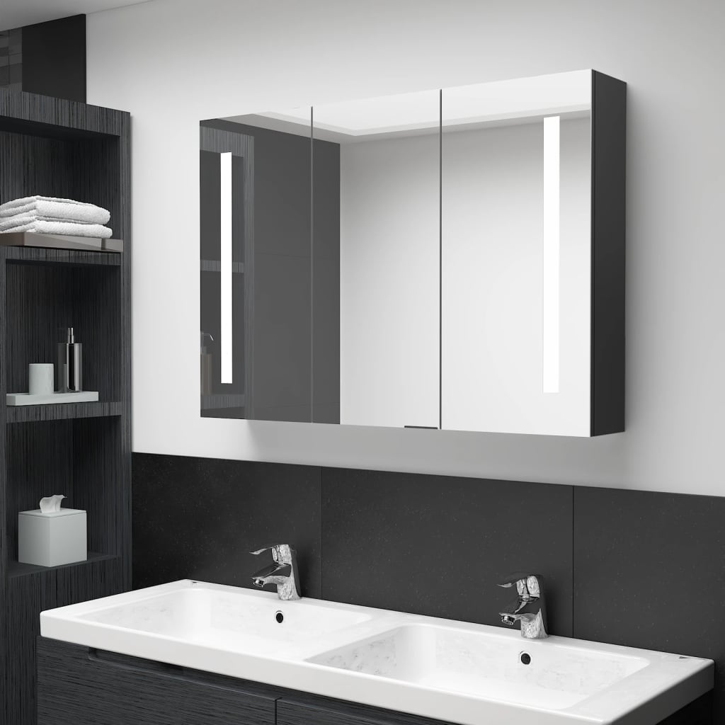 vidaXL Armario de baño con espejo LED negro brillante 89x14x62 cm